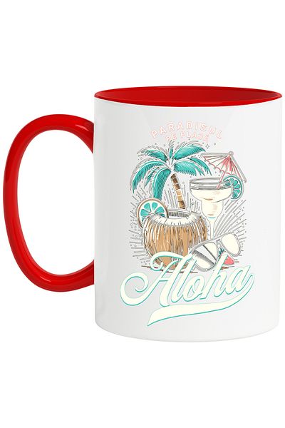 StoryGift Romania Cana paradisul pe plaja nuca de cocos cocktail aloha , 330ml, Ceramic cu Maner R, Cu Maner Rosu