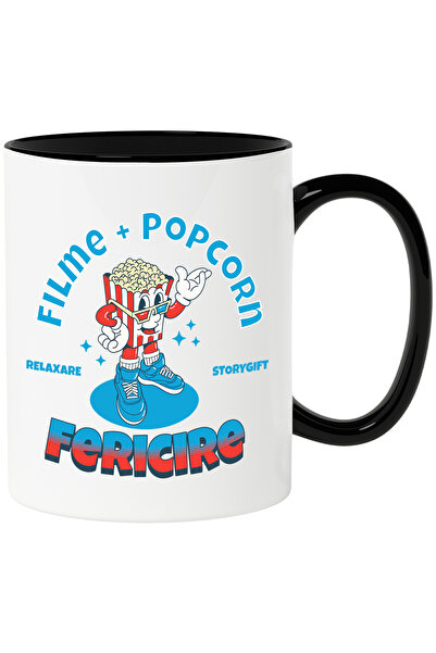 StoryGift Romania Cana punga de popcorn cu ochelarii 3D iubitorii film, 330ml, Ceramica cu Maner N, Cu Maner Negru