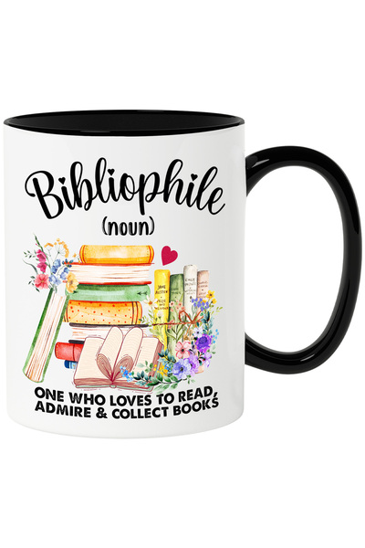 StoryGift Romania Cana cu teancuri de carti cu mesajul "Bibliophile (noun) - ...