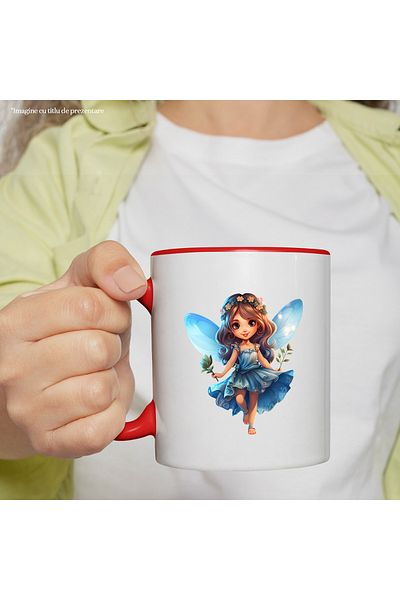 StoryGift Romania Cana cu o fetita dragalasa cu aripi de zana | ilustratie | rochie albastra | ves, Cu Maner Rosu