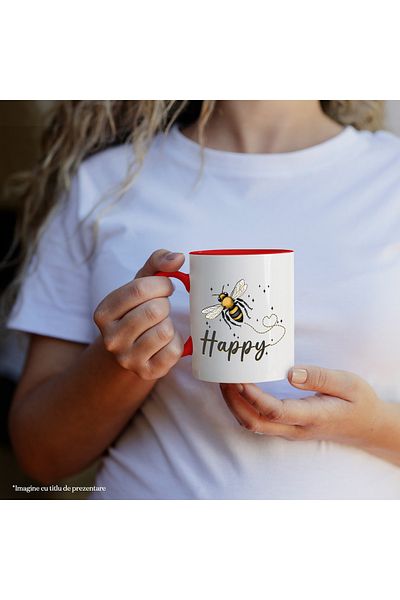 StoryGift Romania Cana Cu Albina In Zbor Cu Mesajul "happy", Fericire, Bucurie, Stelute, Insecta, , Cu ,stg