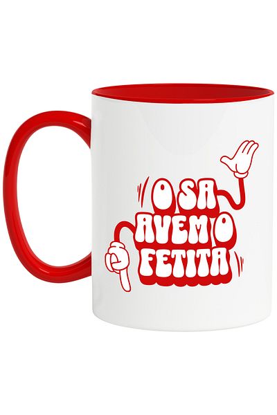 StoryGift Romania Cana cu Maini Stil Mickey Mouse Deget Aratat In Jos Text O Sa Avem O Fetita, Cer, Cu Maner Rosu