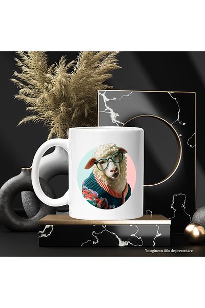 StoryGift Romania Cana Cu Oaie, Hipster, Ochelari, Pulover, Lana, Multicolor 330 ml, Ceramica cu M, Cu Maner Alb
