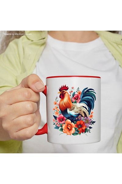 StoryGift Romania Mug with a rooster that has many flowers around it | nature | plants | bird | 330ml, With Red Handle