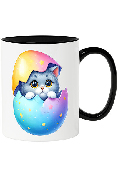 StoryGift Romania Cana cu o pisicuta surprinsa care iese dintr-un ou spart | ilustratie | curiozit, Cu Maner Negru