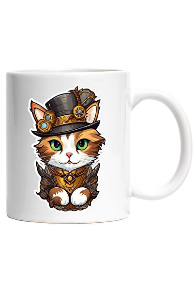 StoryGift Romania Cana Cu Pisica Imbracata in Costum cu Palarie, Fantastic, Disney, Personaj,Ceram, Cu Maner Alb