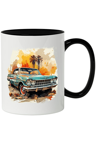 StoryGift Romania Cana Cu Masina Vintage, Palmieri, Stanca, Pietre, Watercolor, Multicolor 330 ml,, Cu Maner Negru