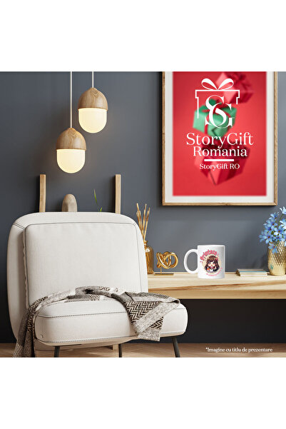 StoryGift Romania Cana cu Fata Asiatica Cu Par Brunet Si Breton Mancand Sushi Text Printesa Iubest, Cu Maner Alb