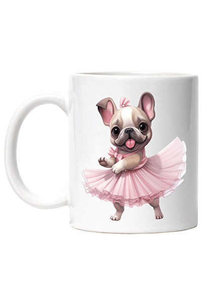 StoryGift Romania Cana cu French Bulldog care danseaza, caine, animal de companie, ilustratie, cos, Cu Maner Alb