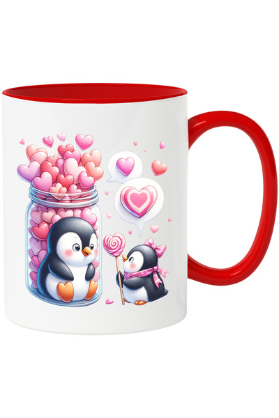 StoryGift Romania Cana cu o femela pinguin si un pinguin | ilustratie | sta in borcan | multe inim, Cu Maner Rosu