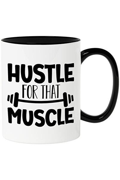 StoryGift Romania Cana cu o haltera si mesajul "Hustle for that muscle" - munceste pentru acel mus, Cu Maner Negru
