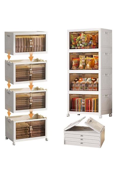Primo Plus Foldable Plastic Storage Box 4 layers With Wheels and Doors, Storage Bin with Lid Organizers