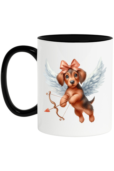 StoryGift Romania Cana cu un catelus cu funda | ilustratie | Cupidon | trage cu arcul | aripi | zb, Cu Maner Negru