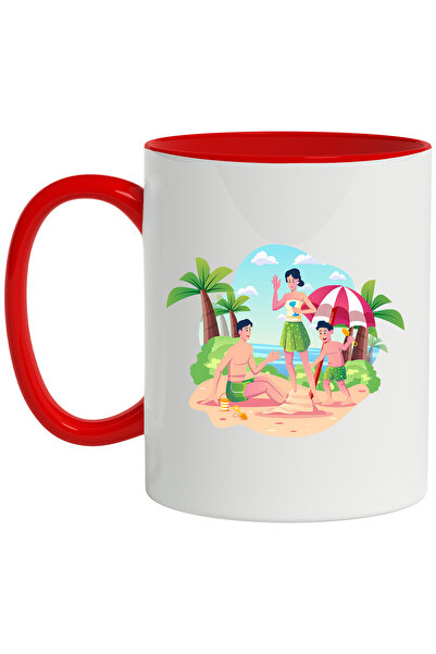 StoryGift Romania Cana Cu Palmier, Ocean, Nisip, Familie, Cer, Multicolor 330 ml, Ceramica cu Mane, Cu Maner Rosu