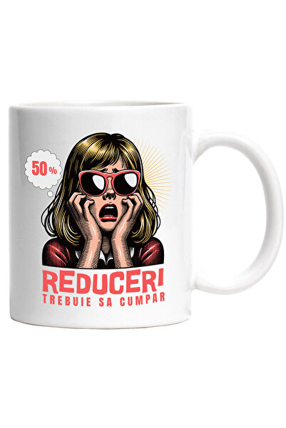 StoryGift Romania Cana cu Fata Disperata Blonda Stil Retro Cu Ochelari De Soare Text Reduceri treb, Cu Maner Alb