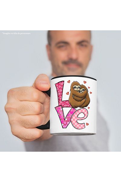 StoryGift Romania Mug with 2 sloths hugging each other with the message "Love", blushing, hearts, With ,STG