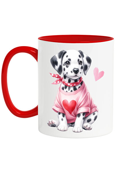 StoryGift Romania Cana cu un catelus Dalmatian | vesel | ilustratie | bluza | roz | inimioare | pe, Cu Maner Rosu