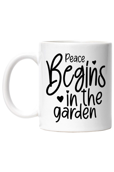 StoryGift Romania Cana cu mesajul in engleza "Peace begins in the garden" - pacea incepe in gradin, Cu Maner Alb