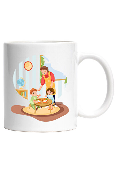 StoryGift Romania Cana Cu Ceas, Parinte, Mancare, Copii, Multicolor 330 ml, Ceramica cu Maner Alb, Cu Maner Alb