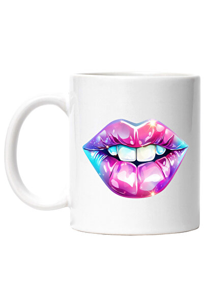 StoryGift Romania Cana cu buze stralucitoare | mov | roz | dinti | sclipici | abstract | gura | il, Cu Maner Alb