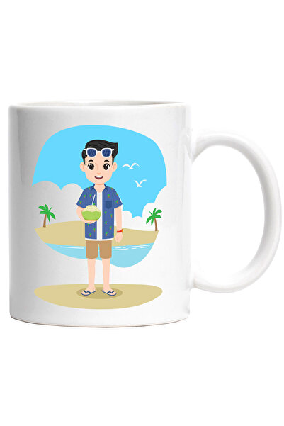 StoryGift Romania Cana Cu Cocos, Plaja, Apa, Palmieri, Multicolor 330 ml, Ceramica cu Maner Alb, Cu Maner Alb