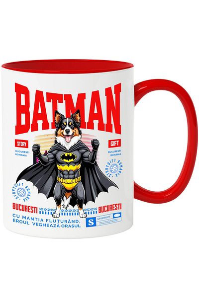 StoryGift Romania Cana cu Ciobănesc Australian / Australian ShepherdCaine In Costum de BatMan cu P, Cu Maner Rosu