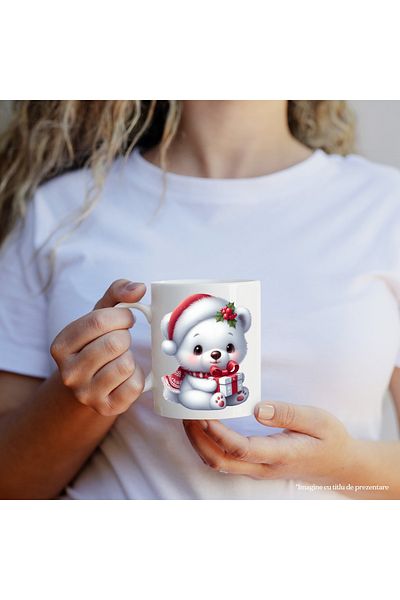 StoryGift Romania Cana cu un ursulet polar care tine un cadou in brate | ilustratie | Polul Nord |, Cu Maner Alb