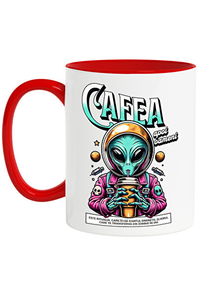 StoryGift Romania Cana Extraterestru cu pahar de cafea text cafea apoi oameni...