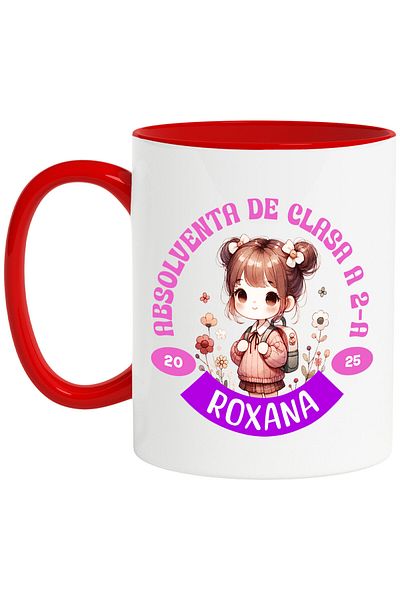 StoryGift Romania Cana cu Fata Scolarita Cu Breton Si Rucsac Text Absolvent De Clasa A 2 a Roxana , Cu Maner Rosu