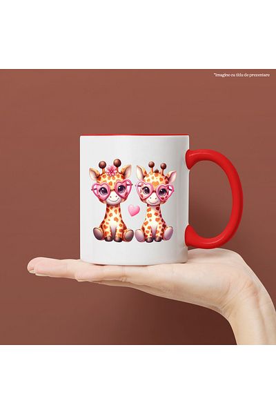 StoryGift Romania Mug with 2 giraffes with heart-shaped glasses, illustration, flower, affection, With,STG