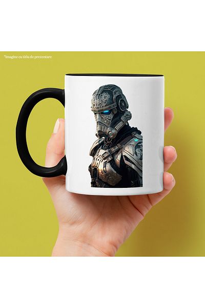 StoryGift Romania Cana cu Portret Robot Futuristic, Robot de Metal, Ochii Albastri, Sci-Fi, Viitor, Cu Maner Negru