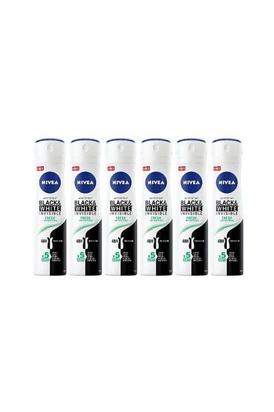 NIVEA Set of 6 Antiperspirant Deodorant for Women 150ml Black & White Invisible Fresh, 0% Alcohol
