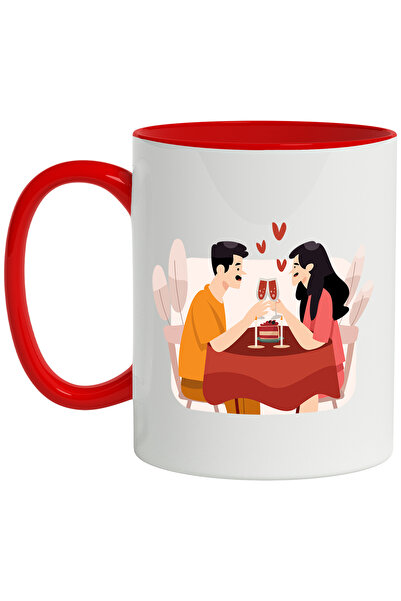 StoryGift Romania Cana Cu Cuplu, Cina, Inimi, Vin, Tort, Dragoste, Masa, Multicolor 330 ml, Cerami, Cu Maner Rosu