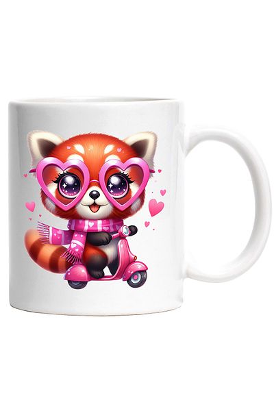 StoryGift Romania Cana cu un urs Panda Rosu care merge cu scuterul | ilustratie | plimbare | vitez, Cu Maner Alb