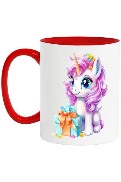 StoryGift Romania Cana cu un unicorn bucuros | ilustratie | cadou | floricele | de ziua lui | zi d, Cu Maner Rosu