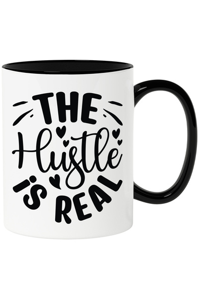 StoryGift Romania Cana cu inimioare si textul "The hustle is real" - munca e reala obiective cu Ma, Cu Maner Negru