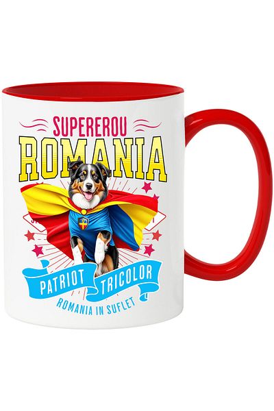 StoryGift Romania Cana cu Ciobănesc Australian / Australian Shepherd Caine In Costum de Capitan Ro, Cu Maner Rosu