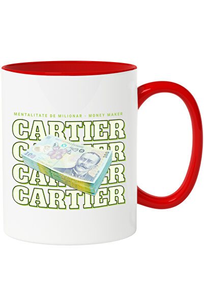 StoryGift Romania Cana _Cartier_ - 100 Lei Romanesti, 330ml, Ceramic cu Maner Rosu, Cu Maner Rosu