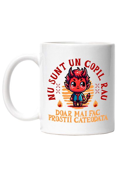 StoryGift Romania Cana cu Diavol Cu Coarne Text Nu Sunt Un Copil Rau Doar Mai Fac Prostii, Ceramic, Cu Maner Alb
