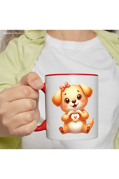 StoryGift Romania Mug with a cheerful puppy holding his fingers in the shape of a heart | illustration | gray, With