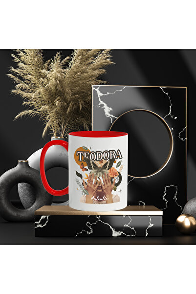 StoryGift Romania Mug With The Name Teodora, Girl Collage, Butterfly, Flowers, Circle, 330ml, Ceramic with Handle, With ,STG.