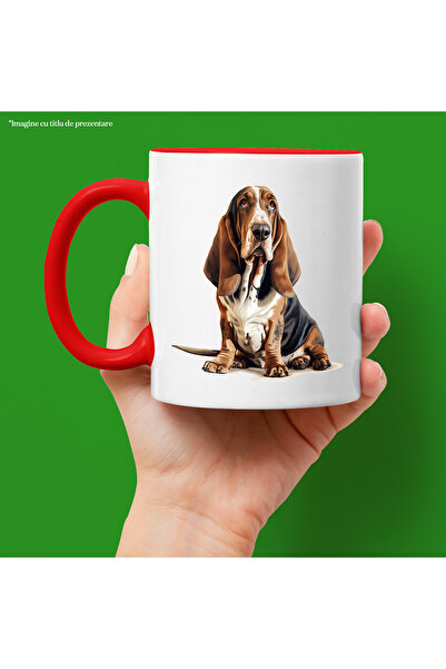 StoryGift Romania Cana cu un catelus serios, ilustratie, urechile lasate, pentru iubitorii de cain, Cu Maner Rosu