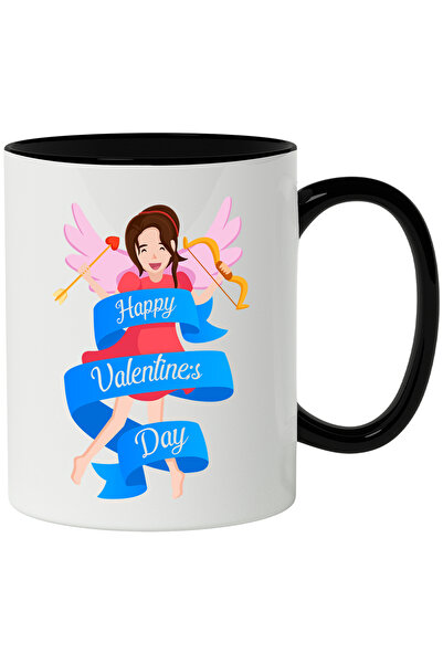 StoryGift Romania Cana Cu Mesaj In Engleza Happy Valentine's Day, Inger, Cupidon, Inima, Multicolo, Cu Maner Negru