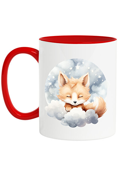 StoryGift Romania Cana cu o vulpita care doarme | ilustratie | noapte | norisori | luna | stelute , Cu Maner Rosu