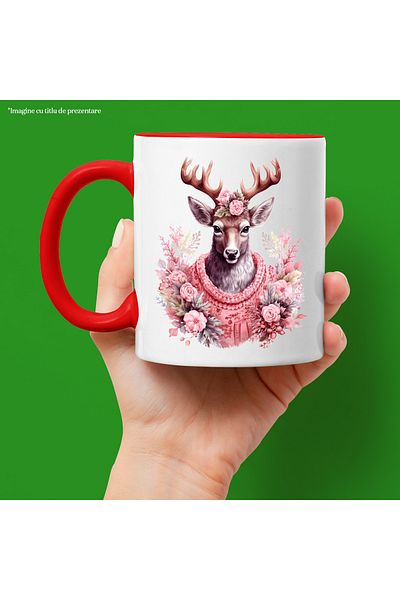 StoryGift Romania Mug with a deer dressed in thick clothing | illustration | flowers | cold | coming of winter | vre, Cu,STG