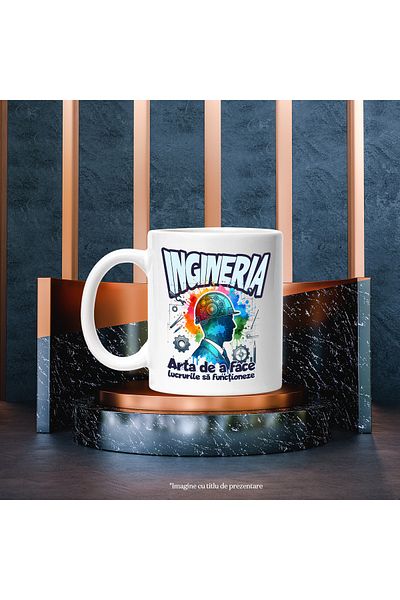 StoryGift Romania Cana Silueta Barbat Cu Casca Protectie Text Ingineria, 330ml, Ceramic cu Maner A, Cu Maner Alb