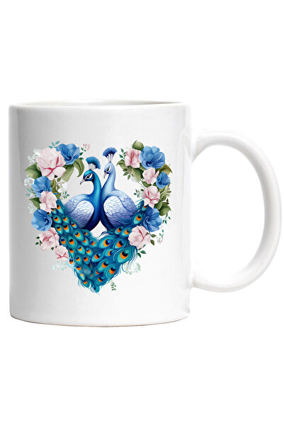 StoryGift Romania Cana cu o paunita si un paun | ilustratie | forma de iinima | flori | apreciere , Cu Maner Alb