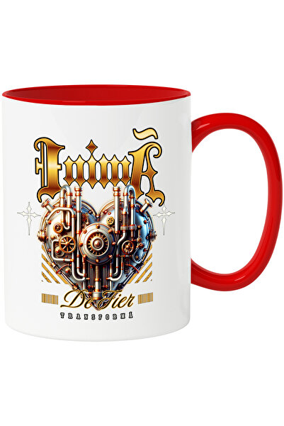 StoryGift Romania Cana inimă de fier. mecanica transformă iubire, 330ml, Ceramic cu Maner Rosu, Cu Maner Rosu