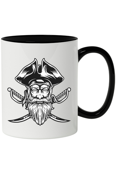 StoryGift Romania Cana Cu Pirat, Cap, Sabii, Palarie, Esarfa, Mustata, Barba, Alb Negru 330 ml, Ce, Cu Maner Negru