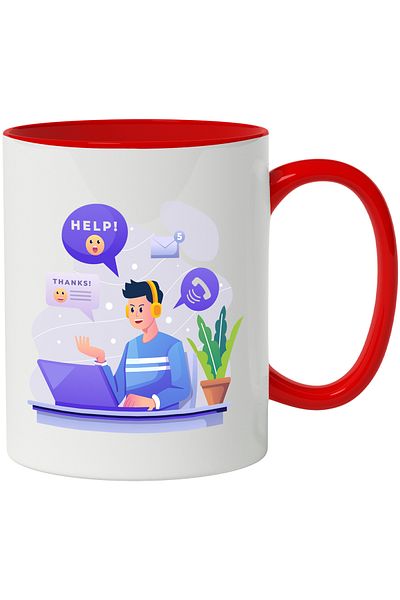 StoryGift Romania Cana Cu Suport Tehnic, Laptop, Telefon, Casti, Multicolor 330 ml, Ceramica cu Ma, Cu Maner Rosu